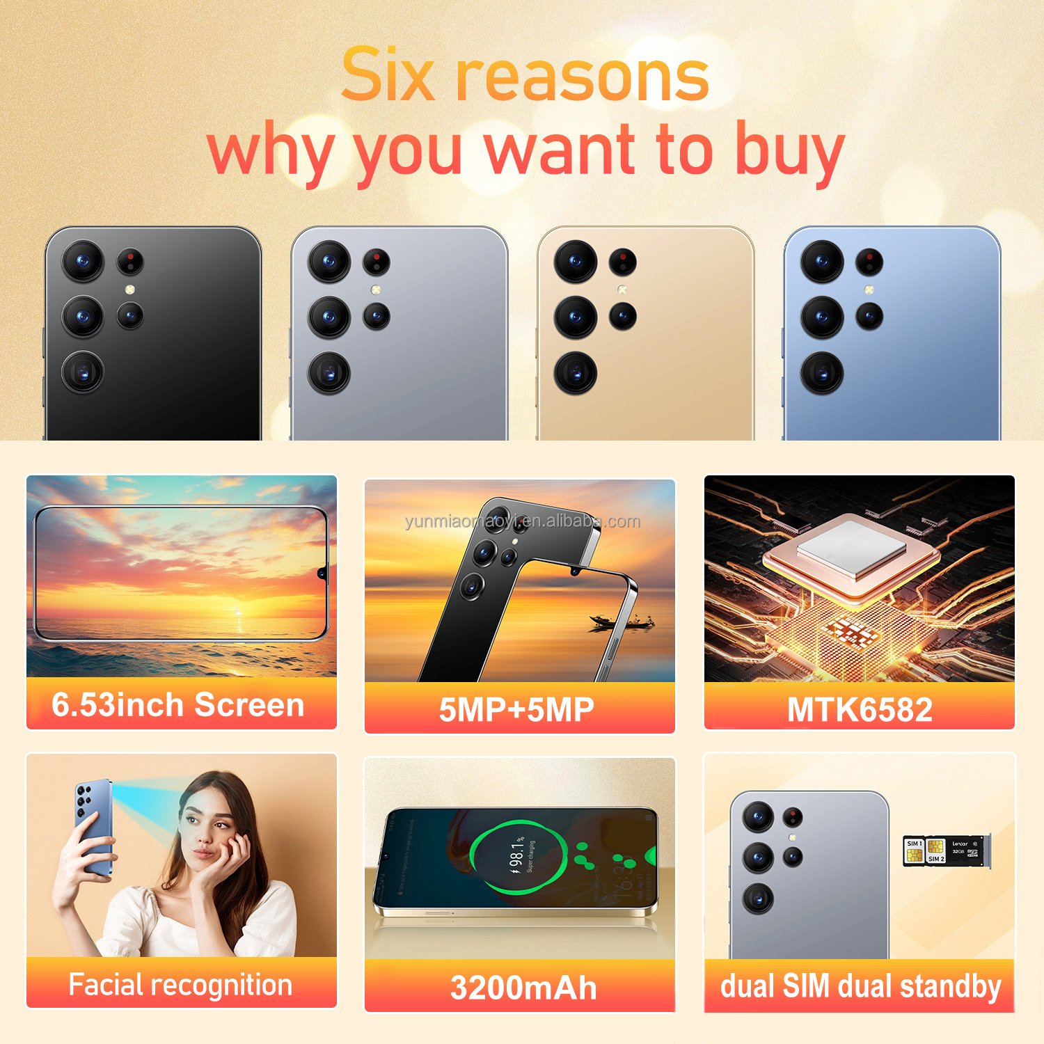 Wholesale S23 Ultra Cheap Mobile Phones, 1GB+16GB 6.53 inch Screen Face Identification Android 8.1 2G&3G Smartphone